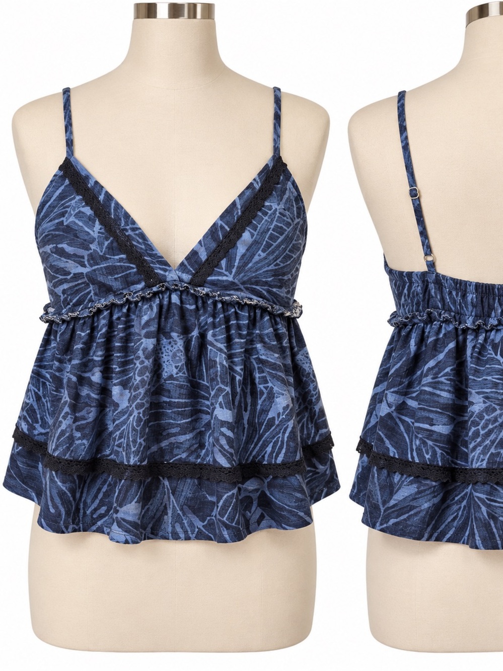NWT American Eagle Blue Abstract Lace Trim Tiered Cami Top M